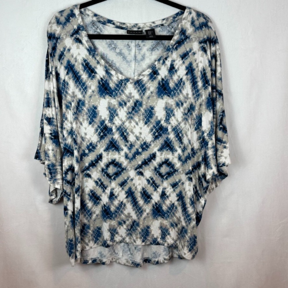 Tahari Womens Blue Geometric Stretch Dolman Sleeve Short‎ Sleeve Tee size XL